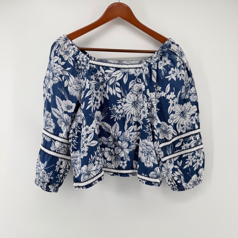 C&C California Women's Size M Blue Floral 100% Linen Crop Boho Blouse Top